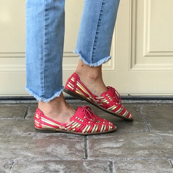 Boho Pink Leather Woven Huarache Oxford Loafers - Picture 3 of 6